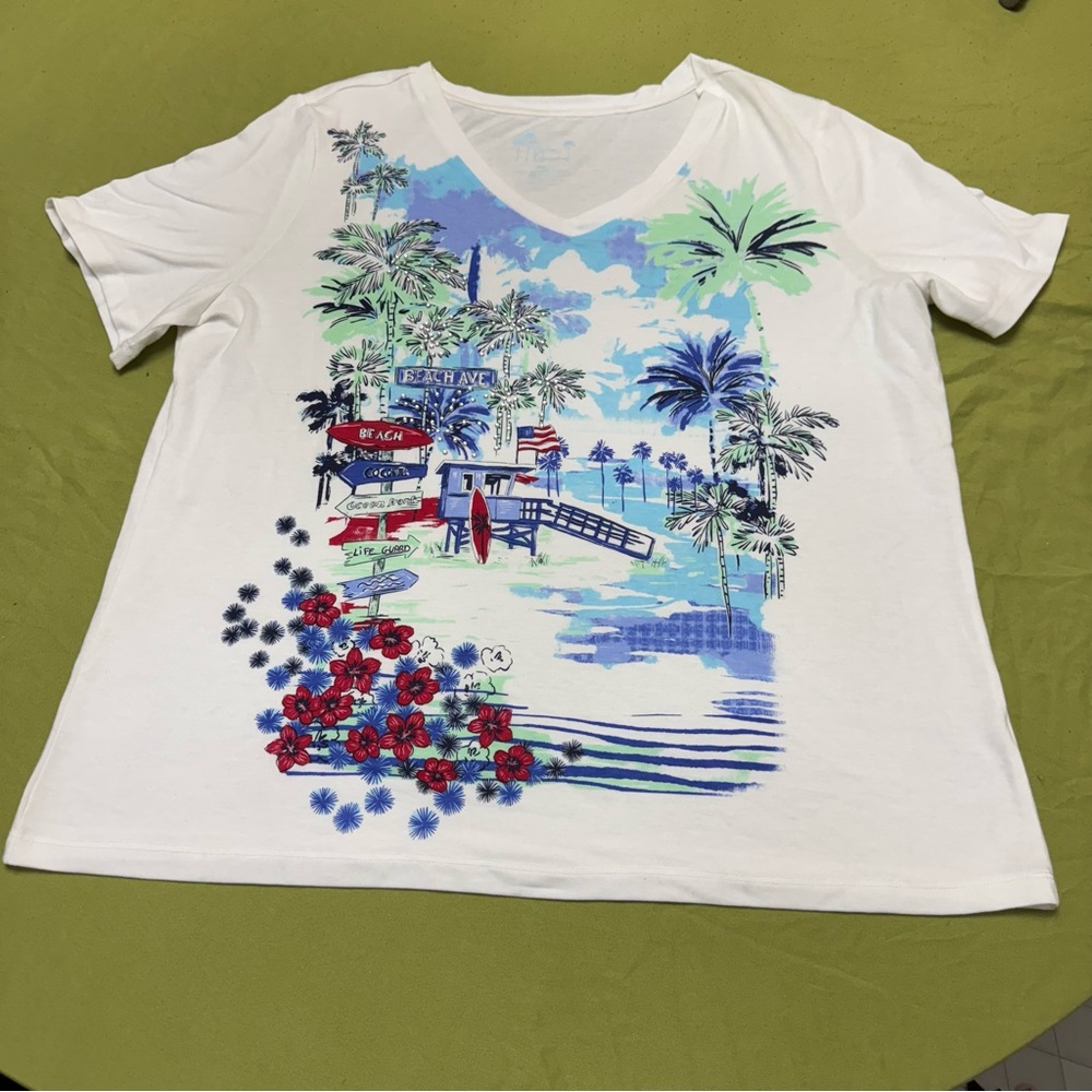 GUC Size PXL Palm Grove White “Beach Bound“ Graphic V neck T-Shirt US flag